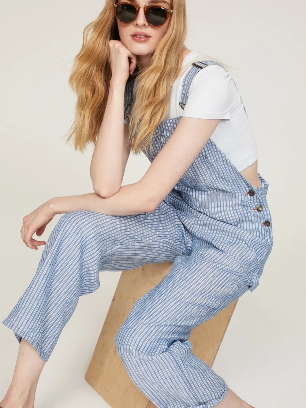 Faherty Blue & White linen railroad stripe Overalls - Picture 6 of 10